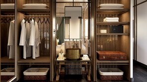 Shower, designer toiletries, hair dryer, bathrobes