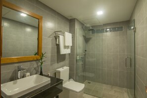 Suihku, ilmaiset hygieniatuotteet, hiustenkuivaaja, kylpytakit