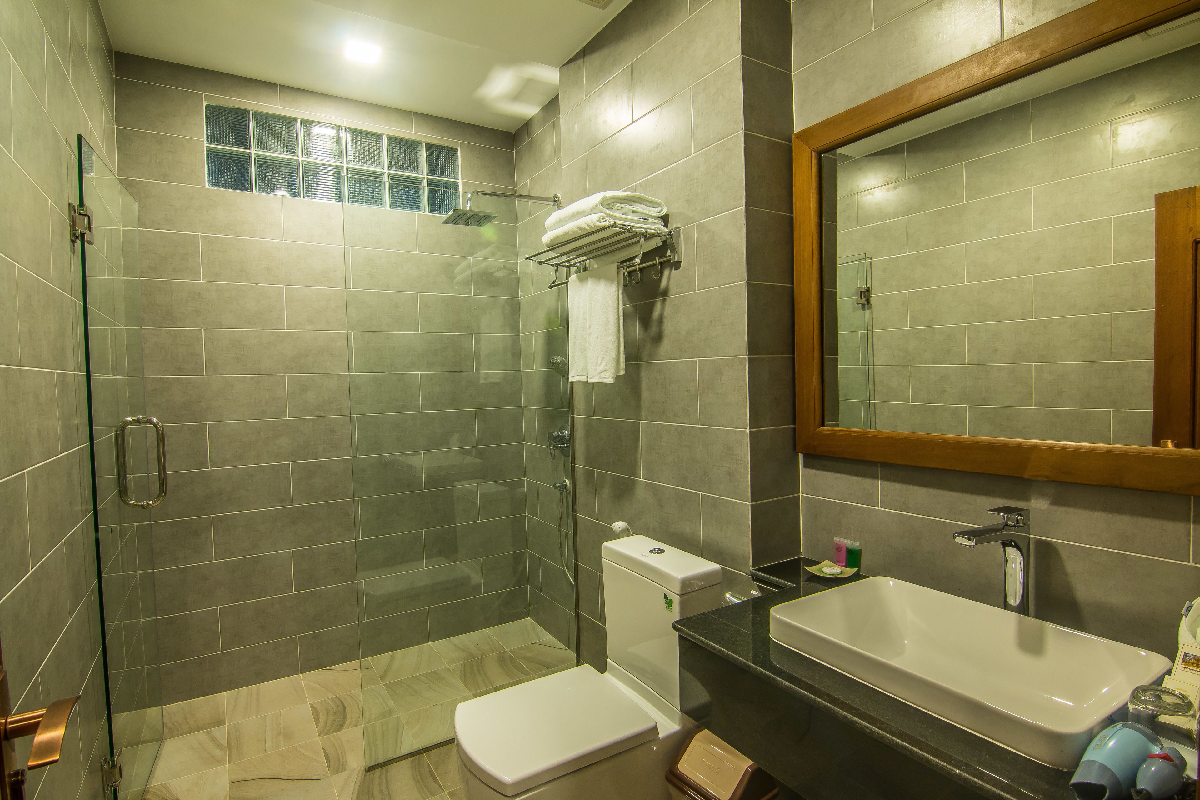 shower, free toiletries, hair dryer, bathrobes