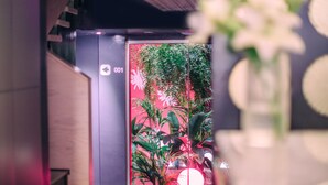 A hallway with a red wall and a glass door leading to a room with a red ceiling and green plants. - Mannix Urban Apartments (Las Palmas de Gran Canaria)