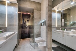 Shower, hair dryer, towels, toilet paper
