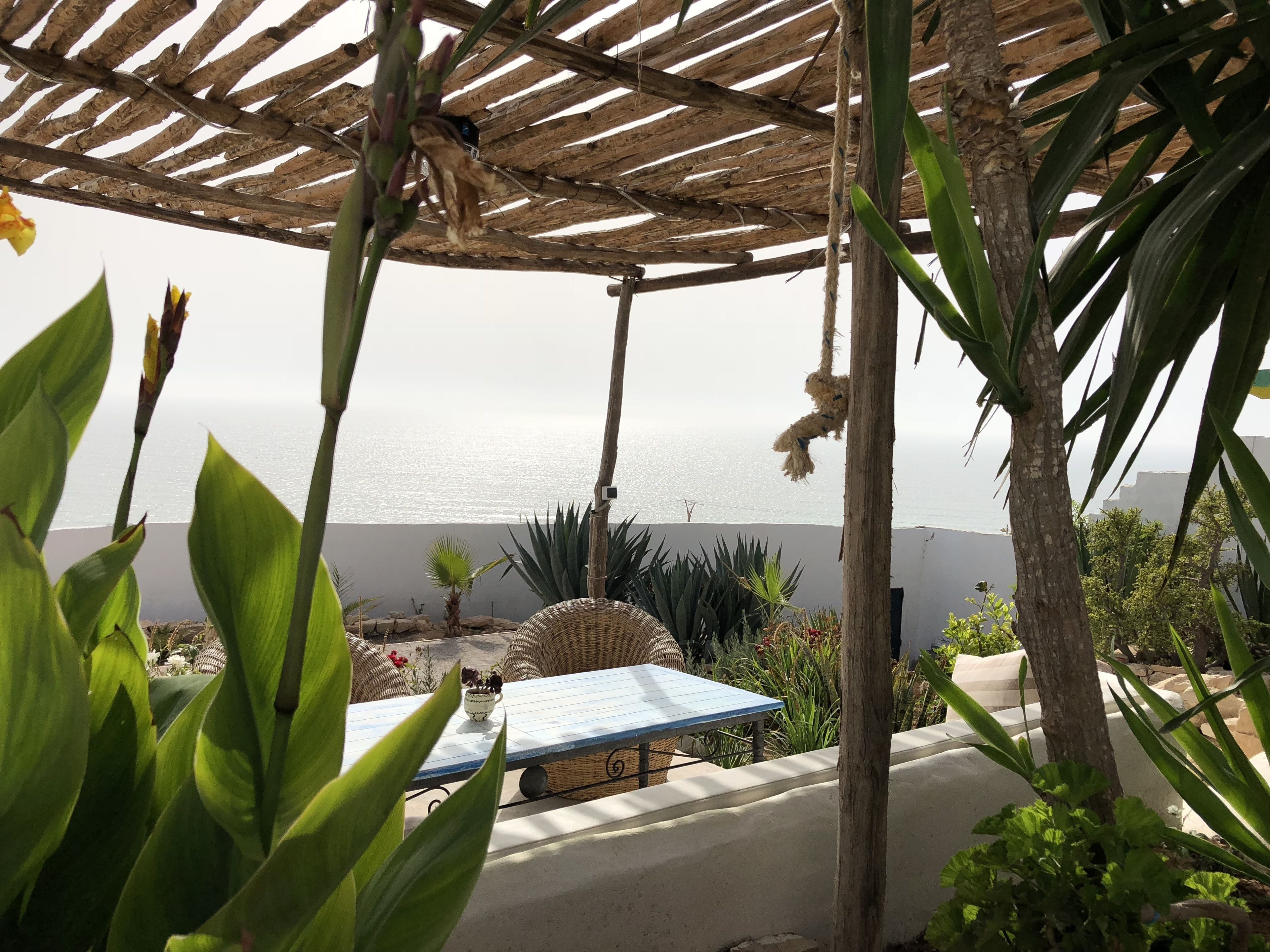 Un espace extérieur aménagé, abrité et doté de tables et de chaises, entouré de plantes tropicales et offrant une vue sur une étendue d’eau.