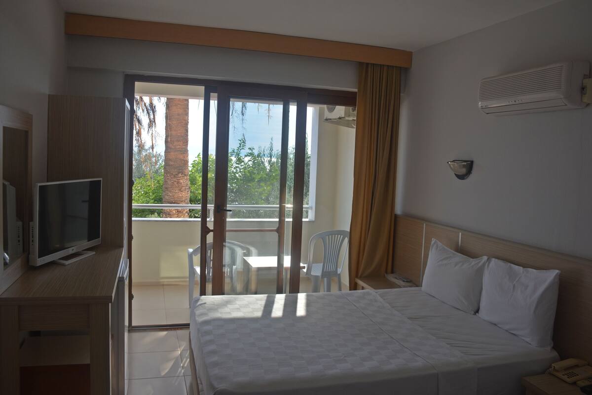 A hotel room with a bed, a TV, a desk, a chair, and a balcony with a view of greenery.