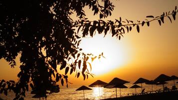 Plage privée, chaises longues, parasols