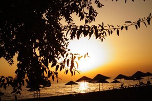 A beach scene with umbrellas and lounge chairs, a sunset, and silhouettes of trees. - Dikelya Hotel (Dikili)