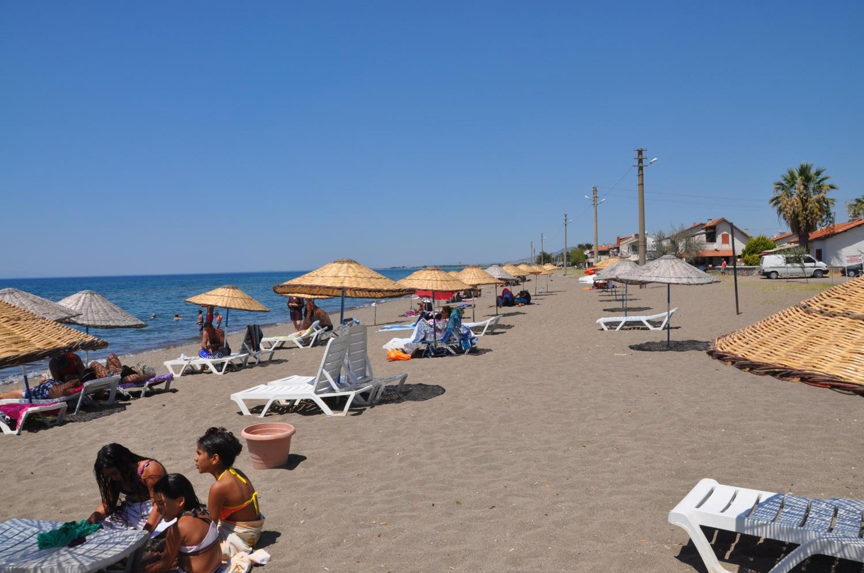 A beach with rows of sun loungers and thatched umbrellas, a clear sky, and a calm sea.