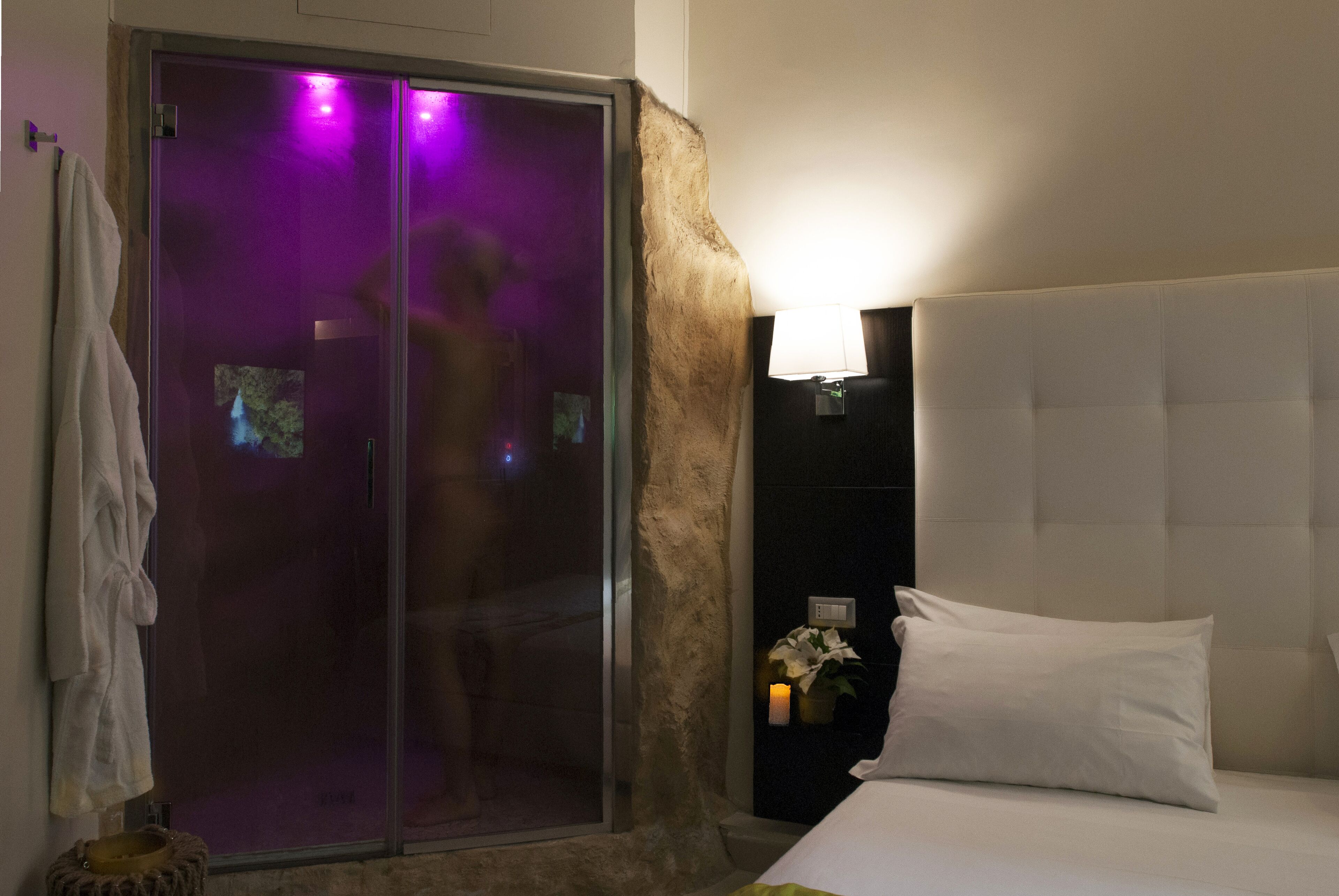 A hotel room with a sliding glass door leading to a shower area, a bed with white bedding, a nightstand with a lamp, and a small potted plant.