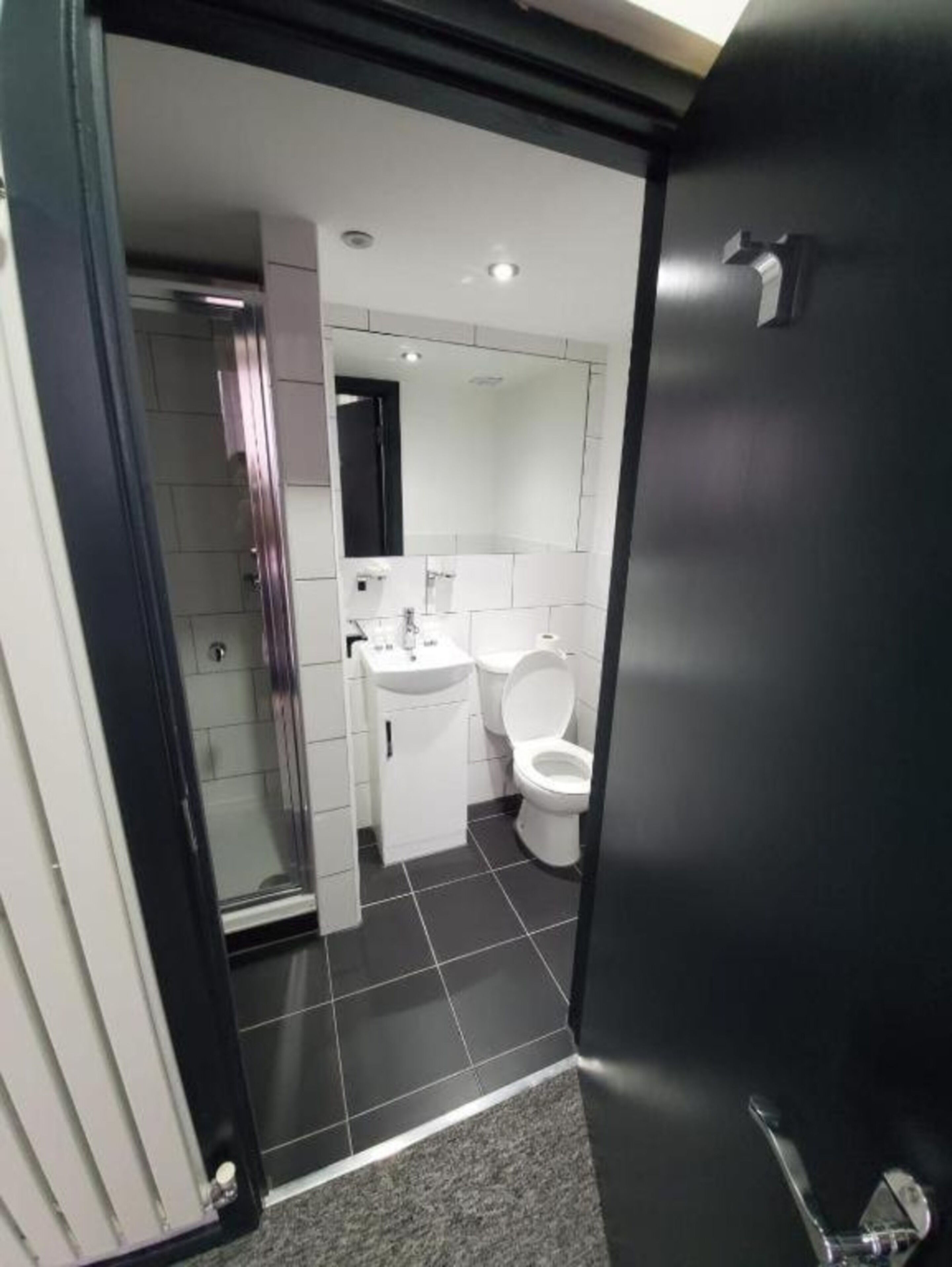Une salle de bain moderne équipée de toilettes, d’un lavabo et d’une zone douche.