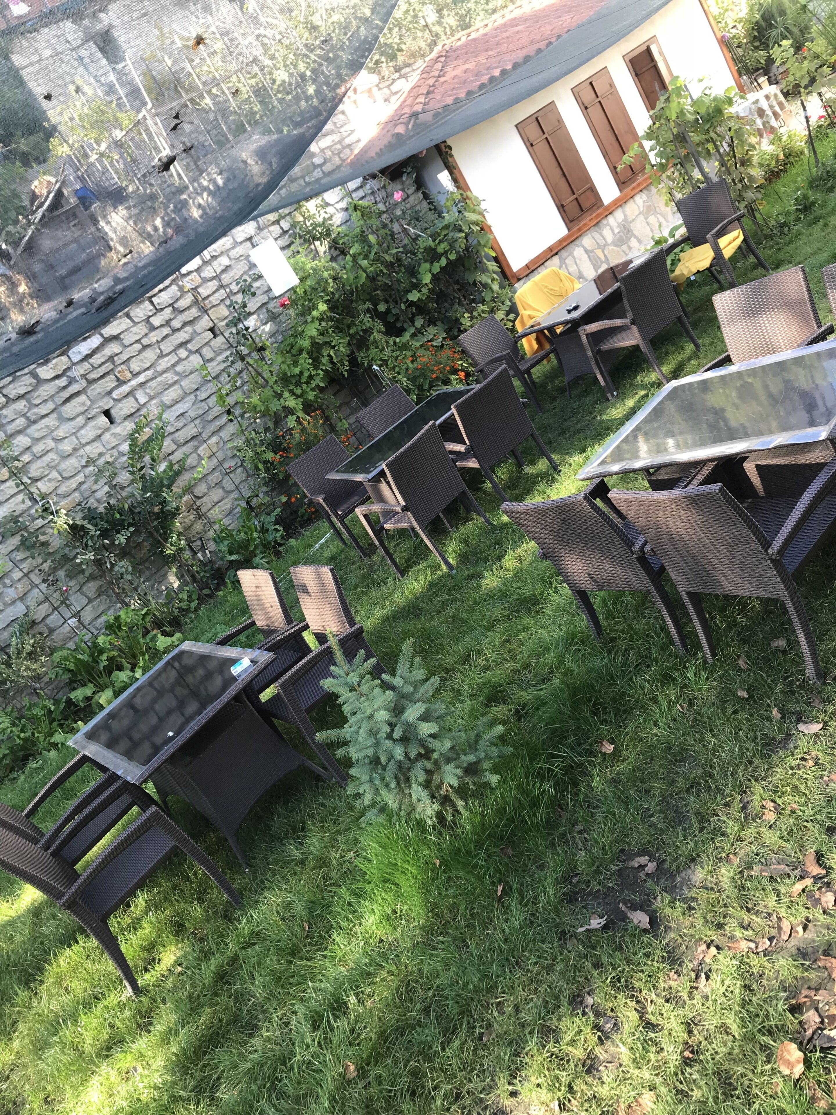 Een terras met rieten meubels en een glazen tafel, omgeven door groen en een stenen muur.