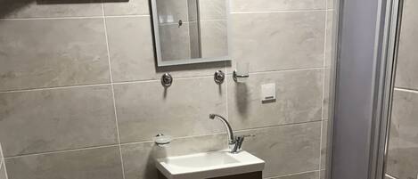 Un baño con inodoro, lavamanos y ducha.