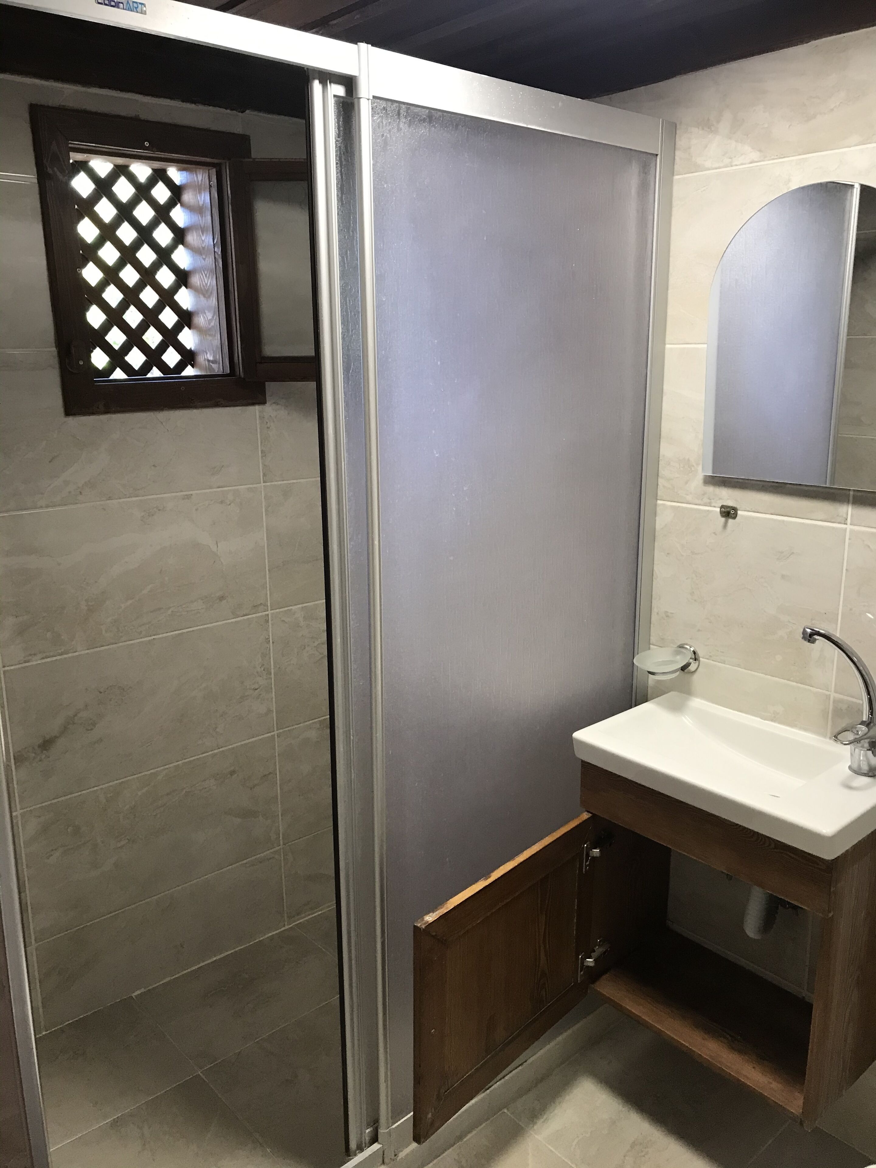 A bathroom with a shower enclosure, a sink, and a mirror.