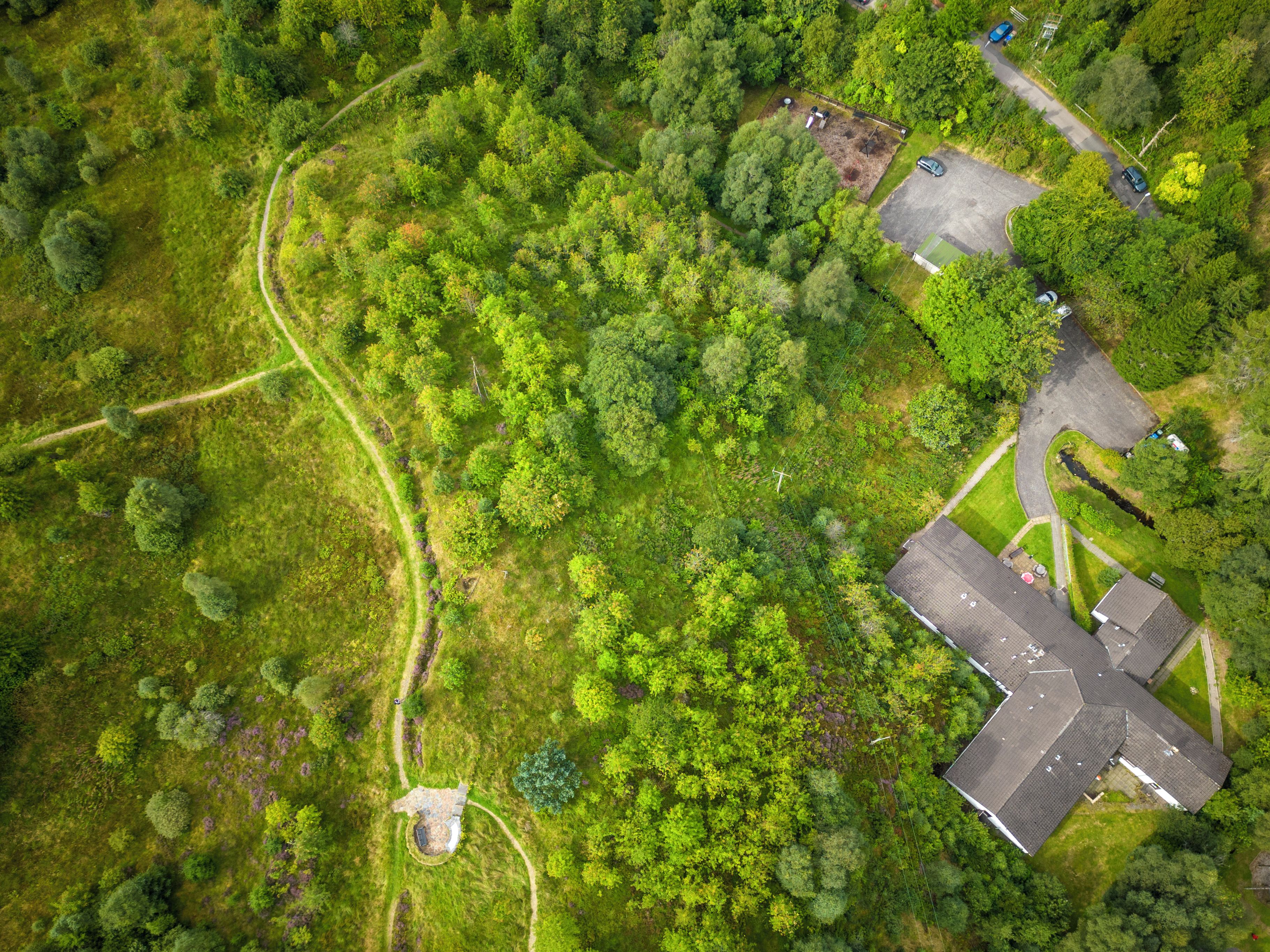An aerial view of a residential area with a house, a driveway, and surrounding greenery.
