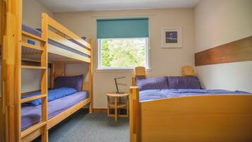 A dormitory room with bunk beds, a small desk, a window with a view of trees, and a framed picture on the wall.
