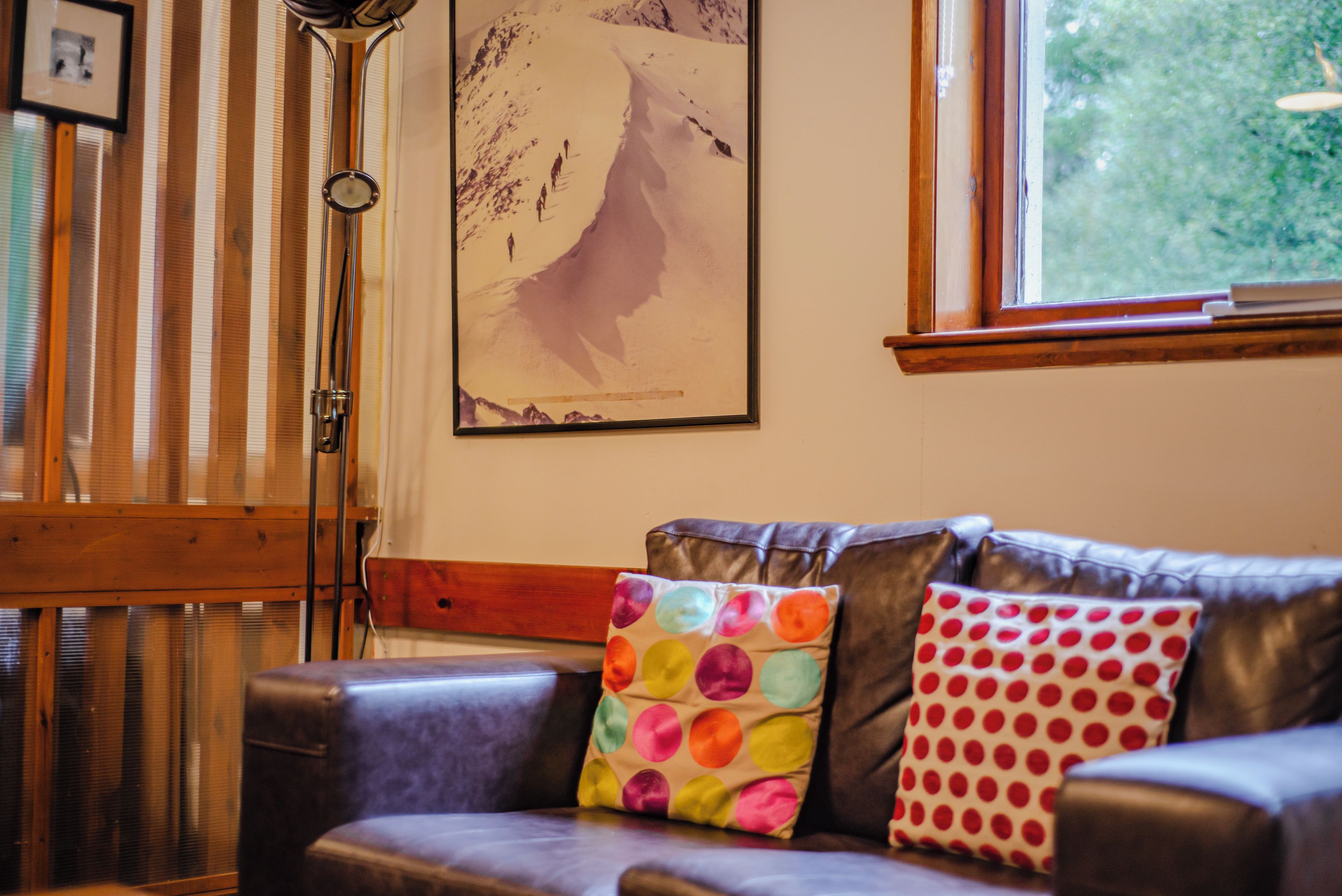 A room with a brown leather sofa, colorful polka dot pillows, a framed picture on the wall, and a window with a view of greenery.