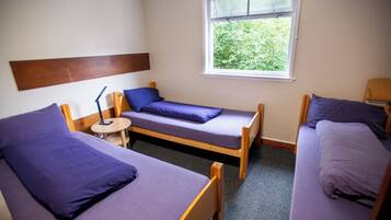 Habitación tipo dormitorio con tres camas individuales, una mesita pequeña y ventana con vistas al verdor.