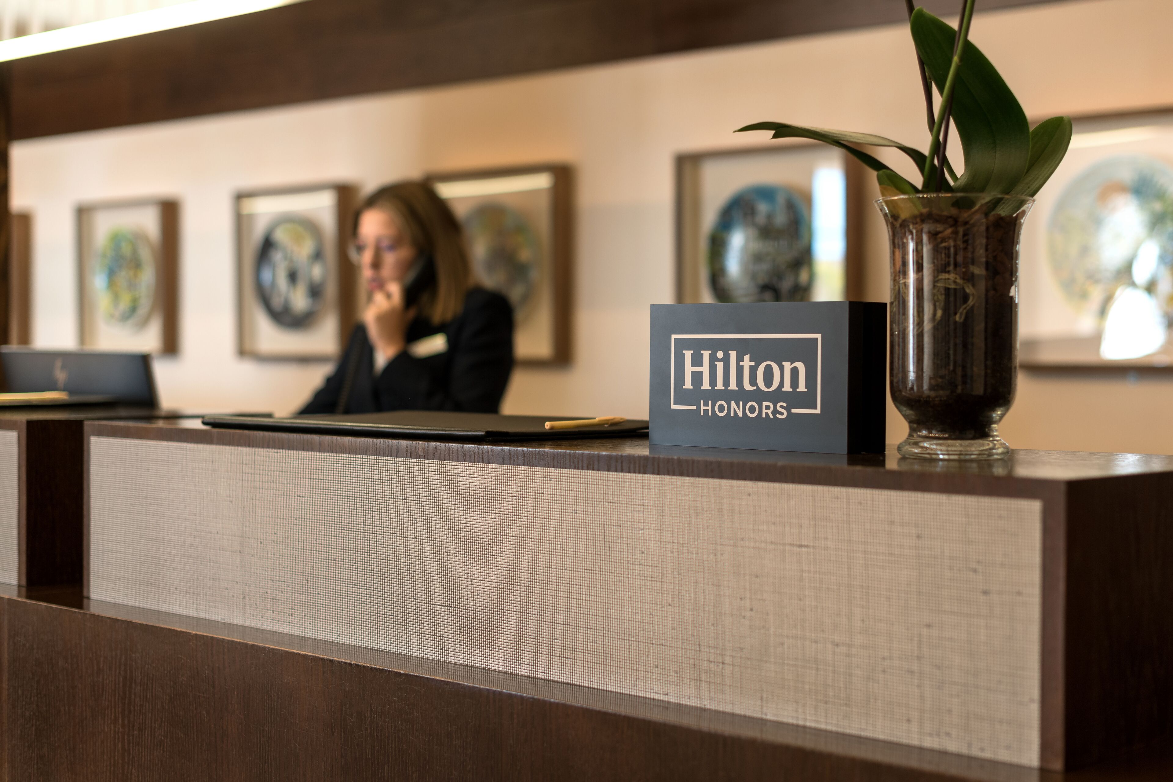 A reception desk with a 'Hilton Honors' sign, framed artwork on the wall, and a potted plant.