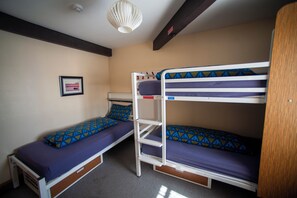 Een kamer met stapelbedden, een klein bureau, een stoel en een lijst met een foto aan de muur.