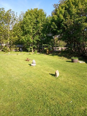 A grassy outdoor area with a stone structure and a potted plant.