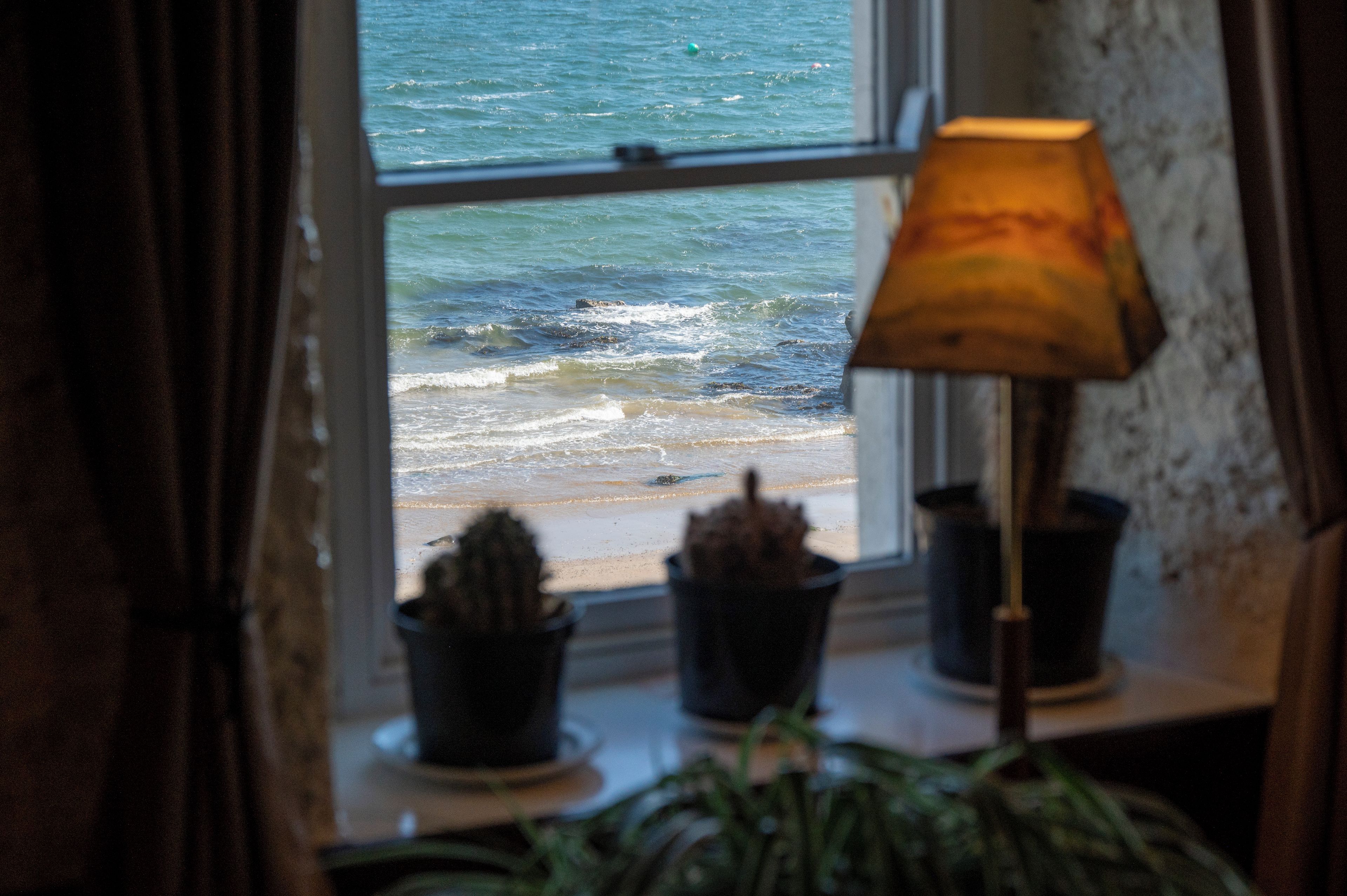 A window with a view of the sea, a lamp, and two potted plants on a windowsill.