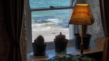 Une fenêtre donnant sur la mer, une lampe et deux plantes en pot sur un rebord de fenêtre.