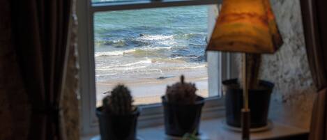 A window with a view of the sea, a lamp, and two potted plants on a windowsill.