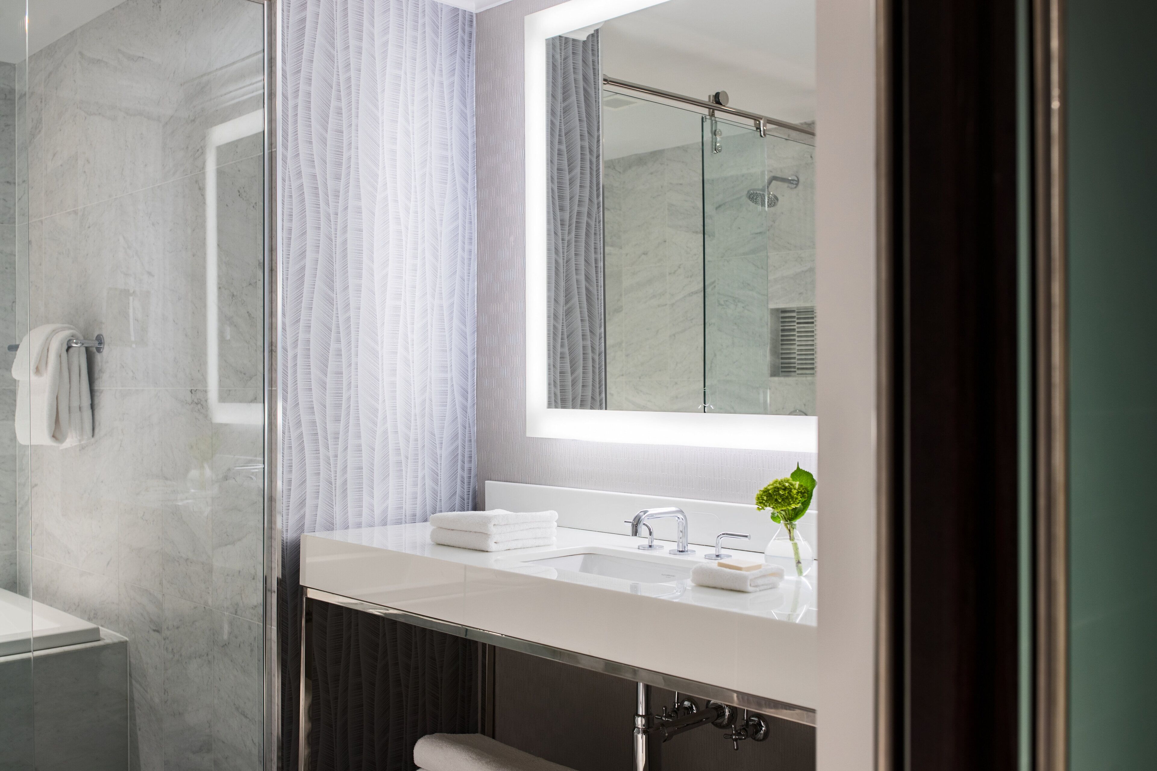 Un baño moderno con cabina de ducha de vidrio, un lavabo blanco con espejo arriba y una planta pequeña en la encimera.