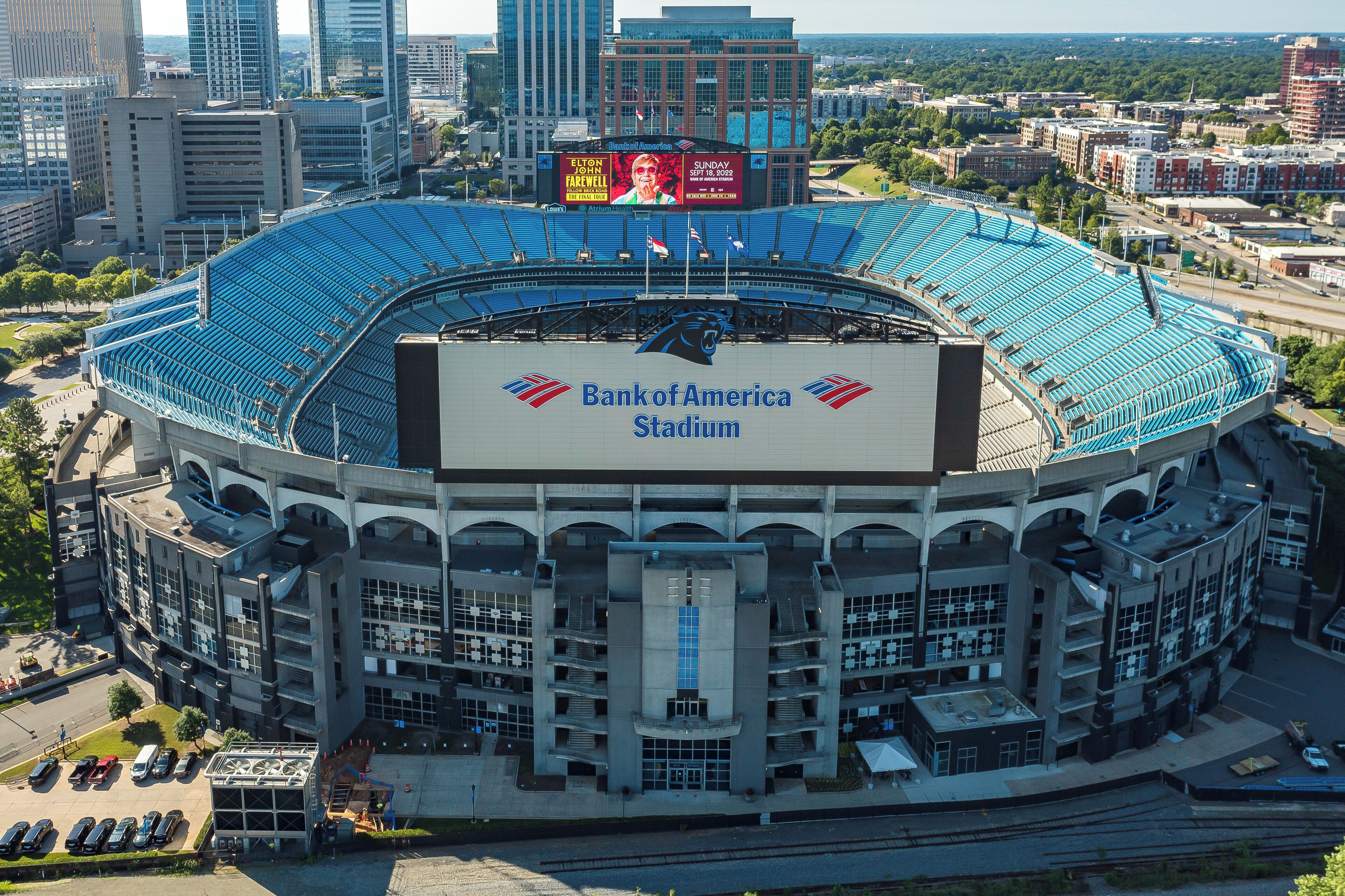 A large stadium with a prominent Bank of America sign.