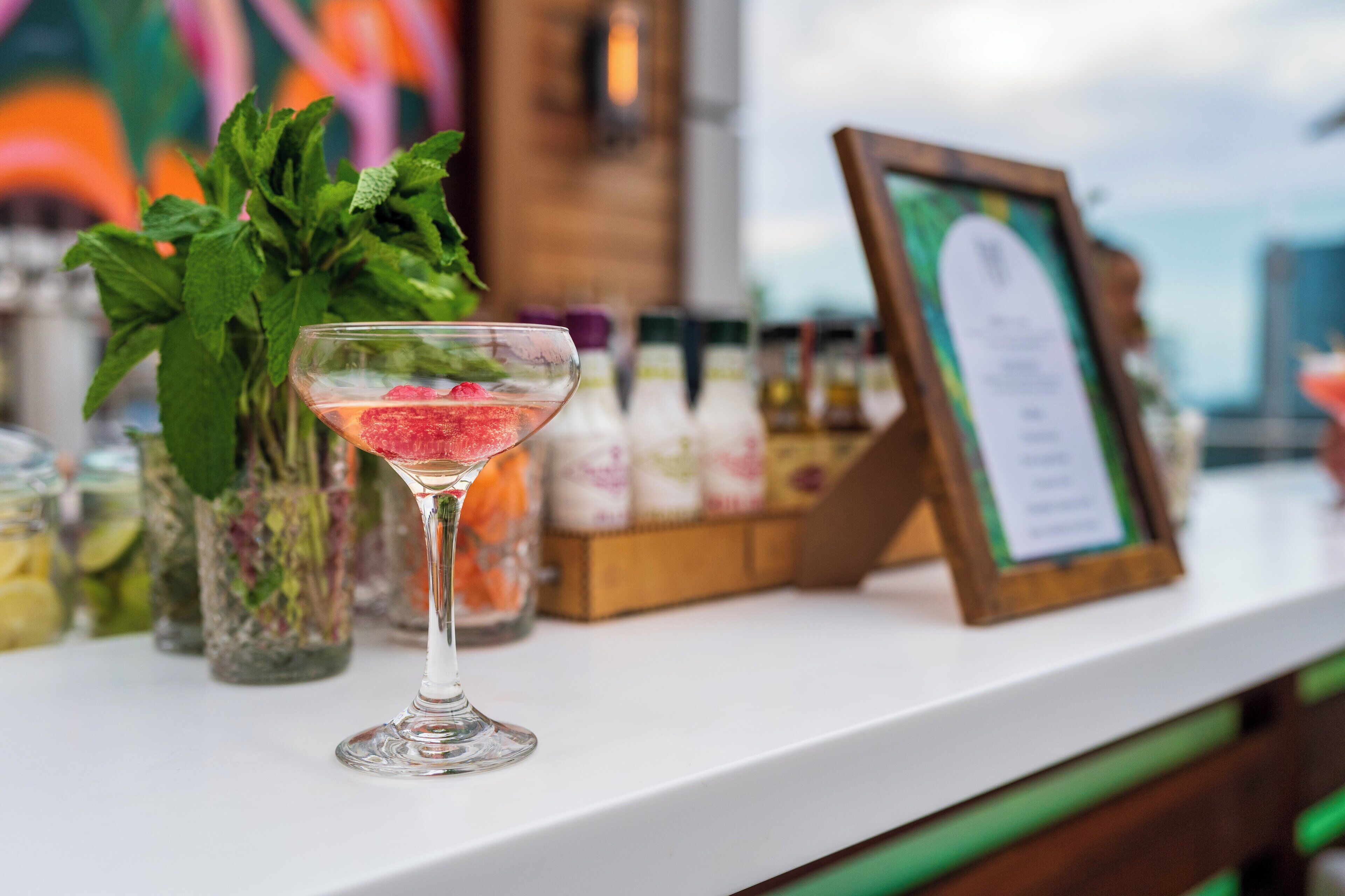 A martini glass with a raspberry garnish on a bar counter, surrounded by jars of condiments and a menu board.