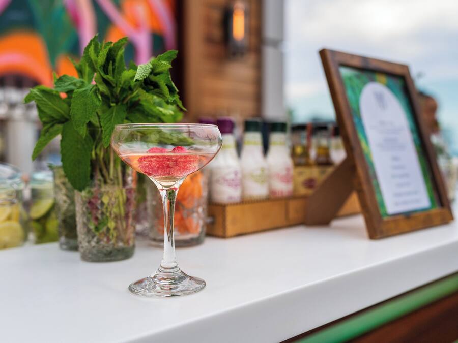 A martini glass with a raspberry garnish on a bar counter, surrounded by jars of condiments and a menu board.