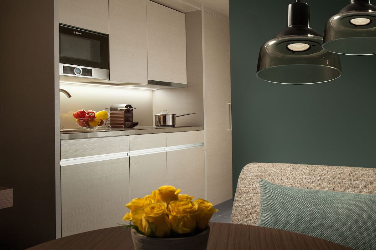 studio suite with kitchenette | private kitchenette | full-sized fridge, coffee/tea maker, electric kettle