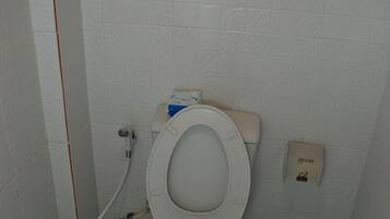 Un bany amb un vàter, una zona de rentat i un safataire.