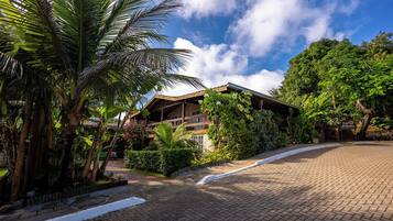 A hotel with a paved driveway, surrounded by lush greenery and palm trees.