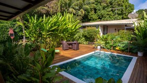 Une piscine entourée d’une végétation luxuriante, une terrasse en bois et une maison équipée d’une antenne parabolique.