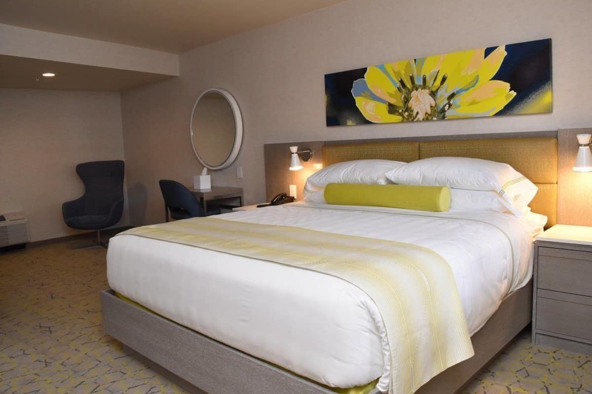 A hotel room with a large bed, a desk, a chair, and a wall-mounted mirror.