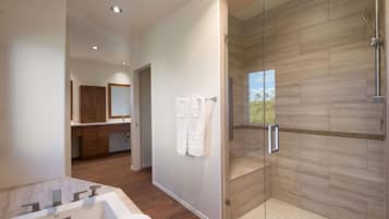Shower, hair dryer, shampoo