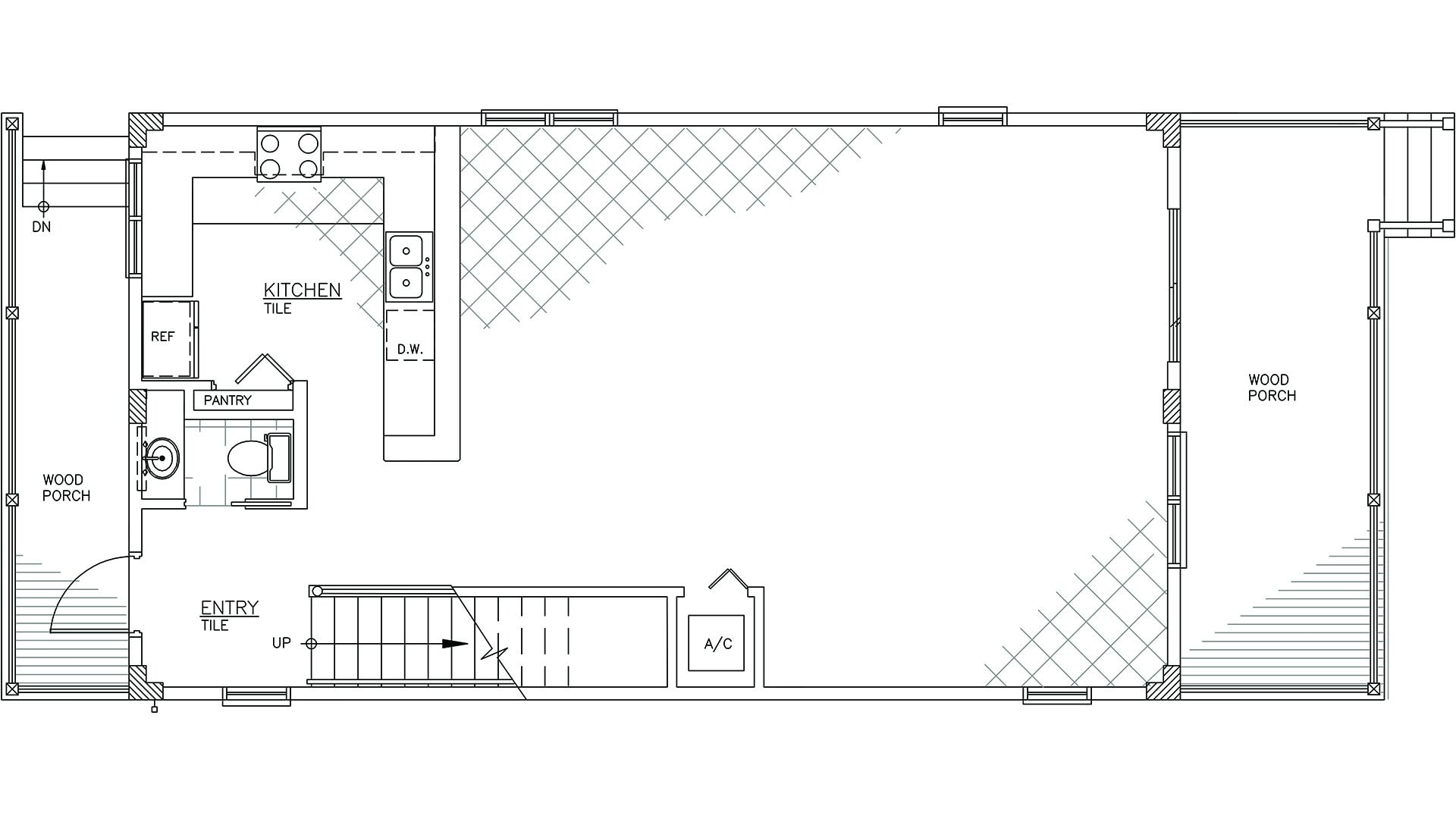 A floor plan of a hotel with a kitchen, dining area, and entry with a tile entrance.