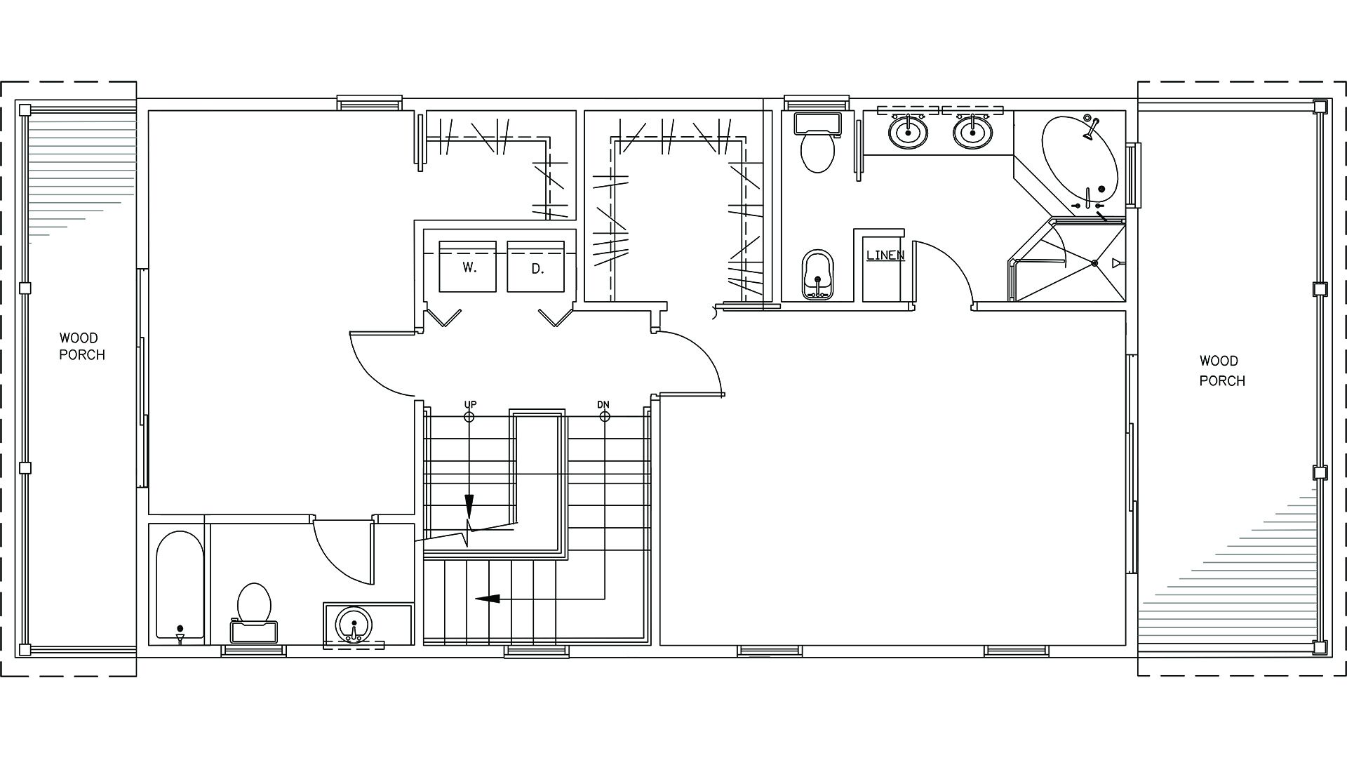 Plano de una habitación de hotel con porche de madera, kitchenette, baño y un pequeño rincón de estar.