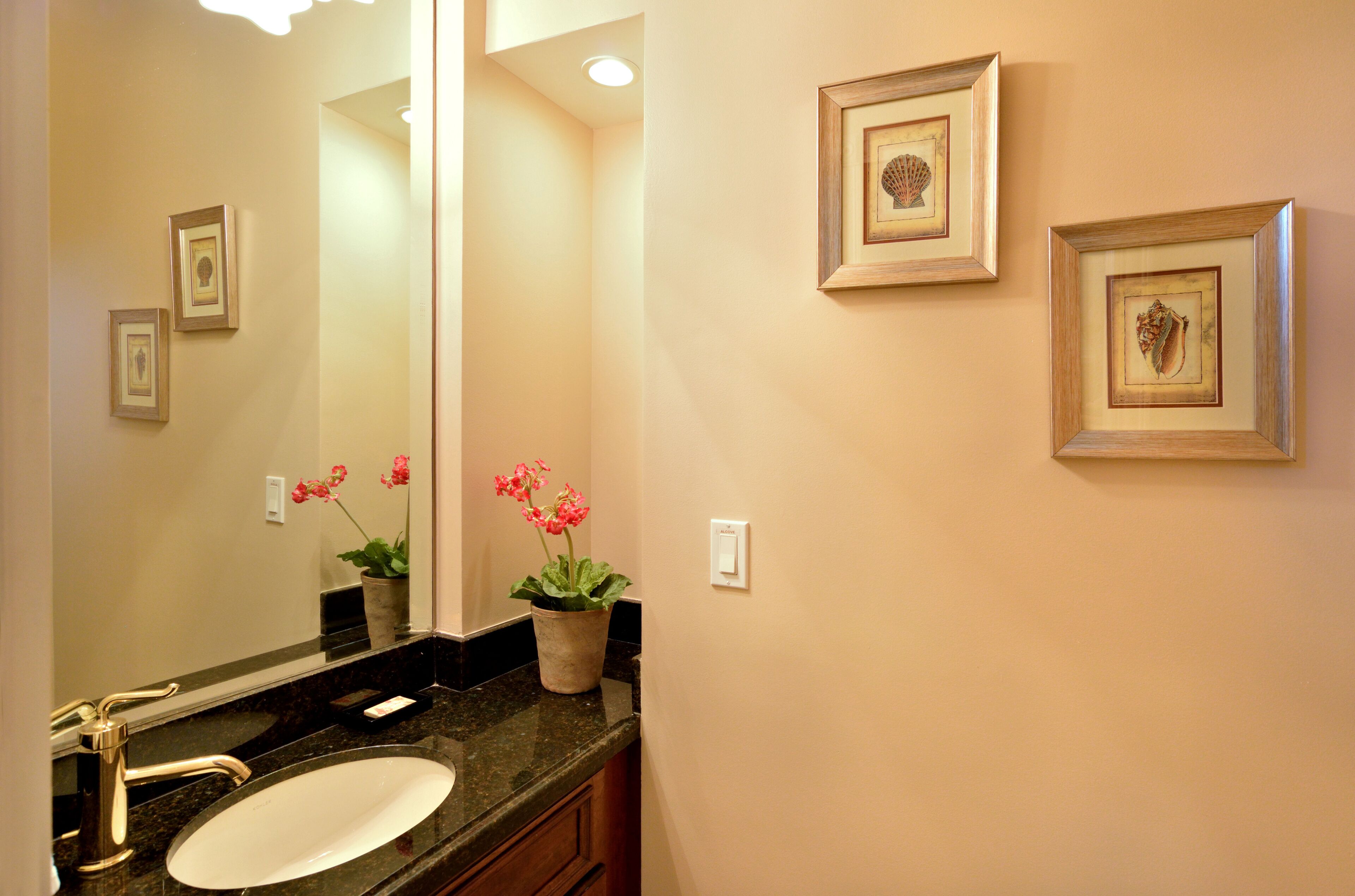 A bathroom with a sink, mirror, framed pictures on the wall, and a potted plant.