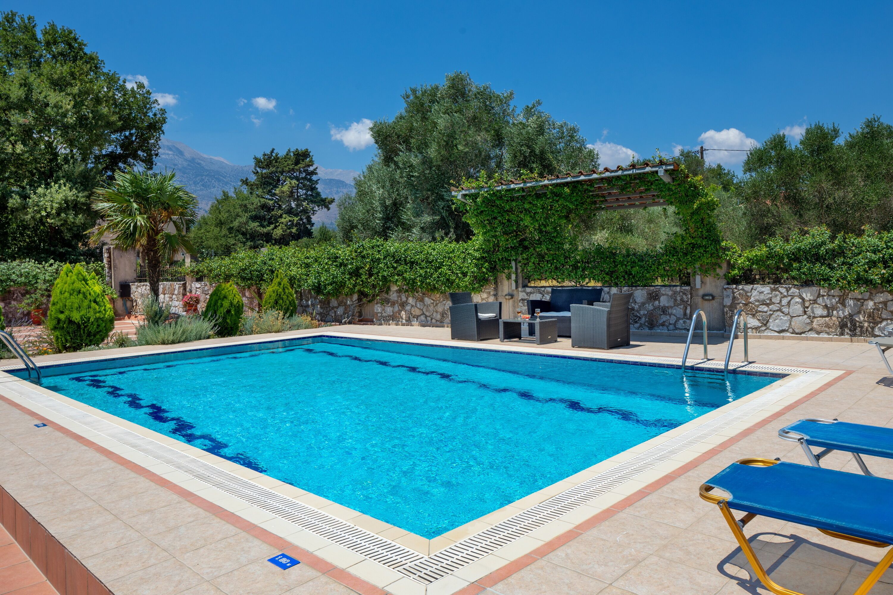A rectangular swimming pool with a tiled edge, surrounded by a stone wall and lush greenery.