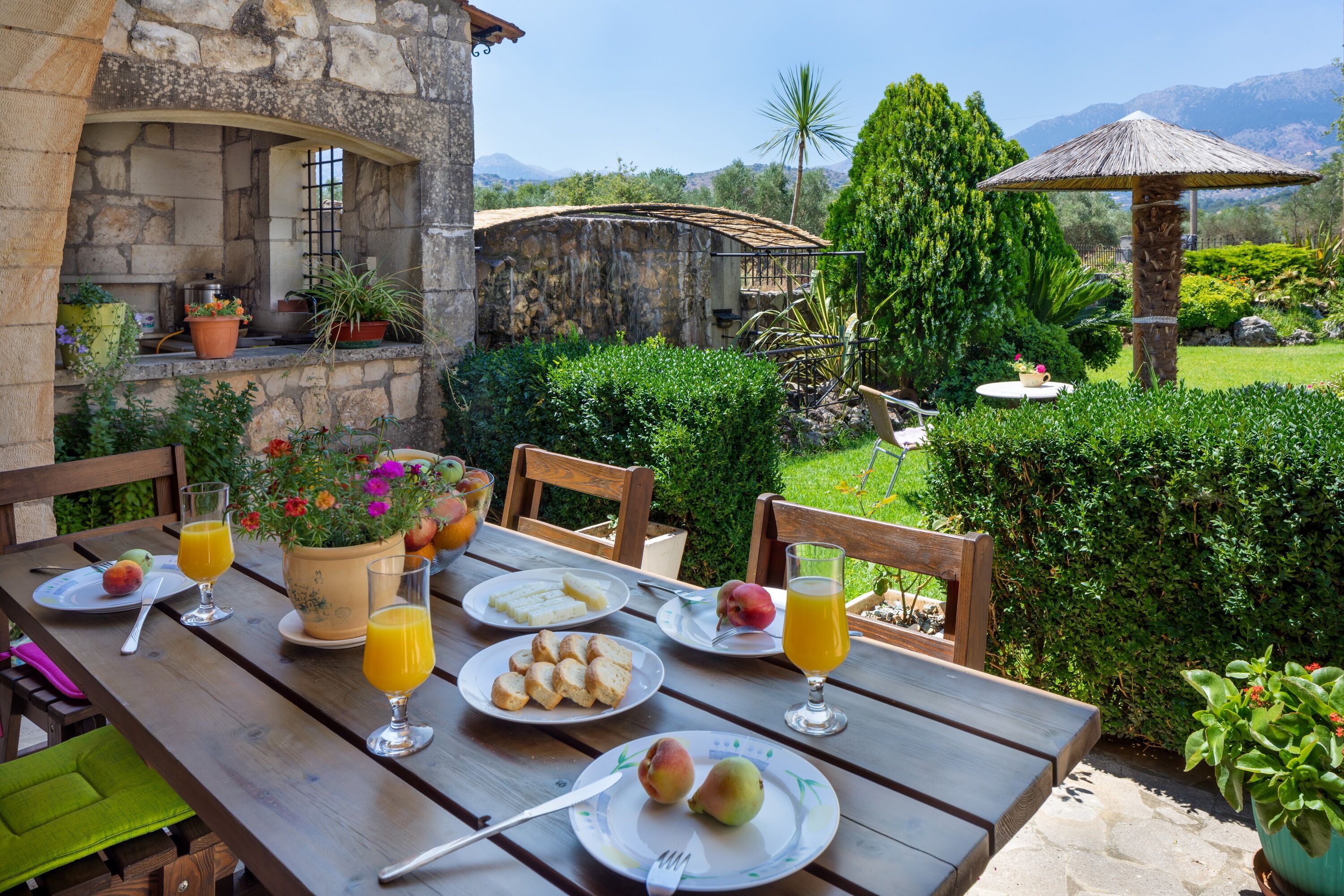 A wooden table set with plates of food, glasses of juice, and a potted plant.