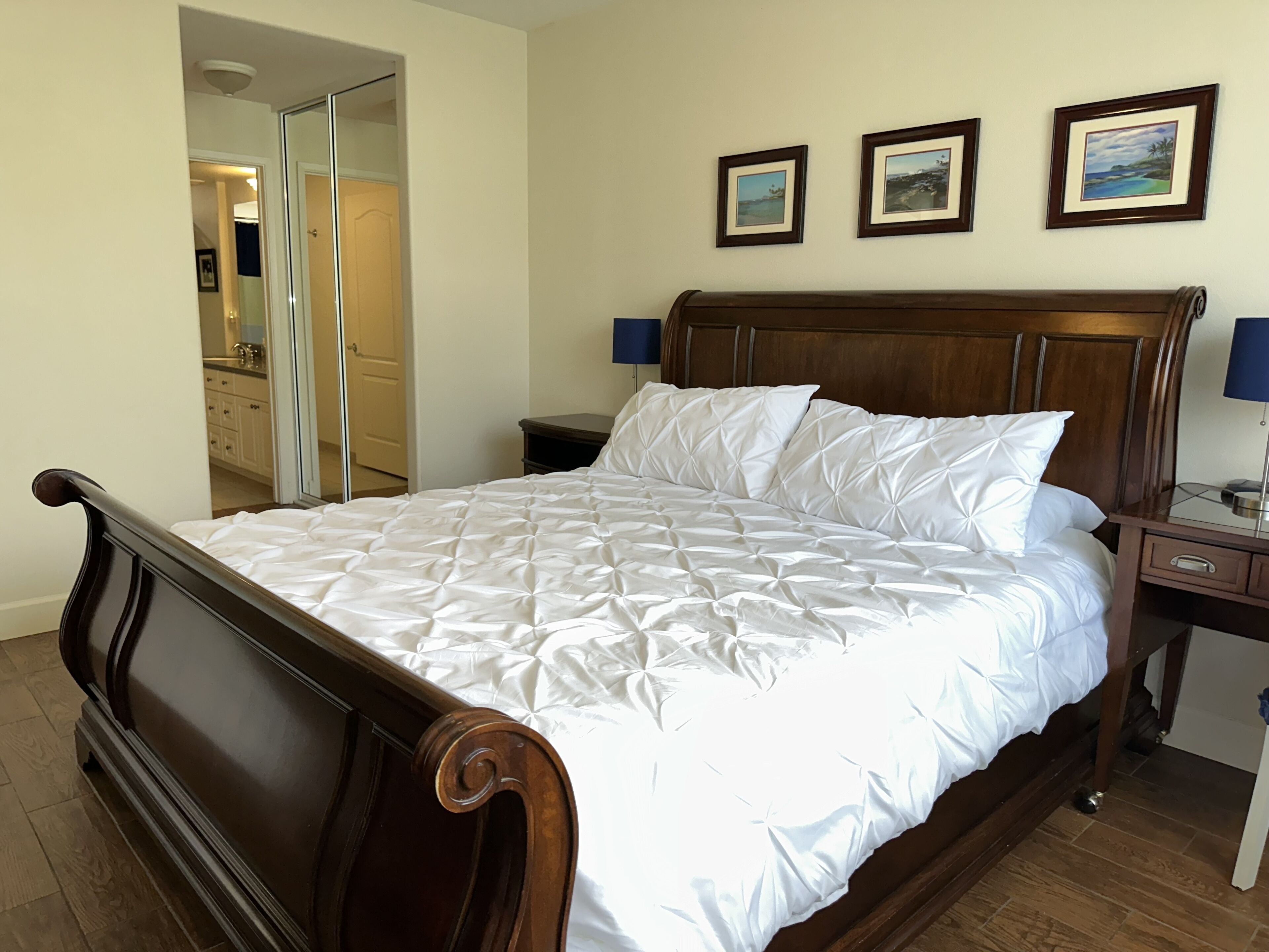 2 bedrooms, memory foam beds, desk, iron/ironing board