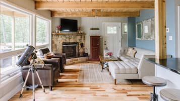 Smart TV, fireplace, DVD player, books