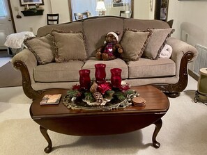 Smart TV, fireplace, books, stereo