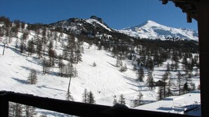 Une vue sur une montagne, avec des pentes et des arbres couverts de neige.