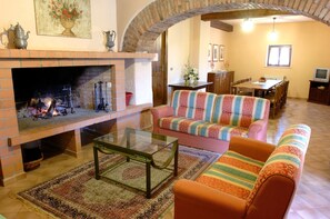 Télévision, cheminée, lecteur de DVD, table de tennis de table