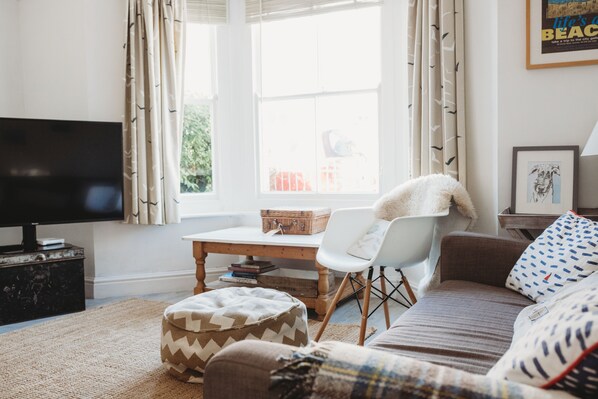 Smart TV, fireplace, books
