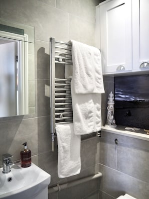 Shower, hair dryer, towels, soap