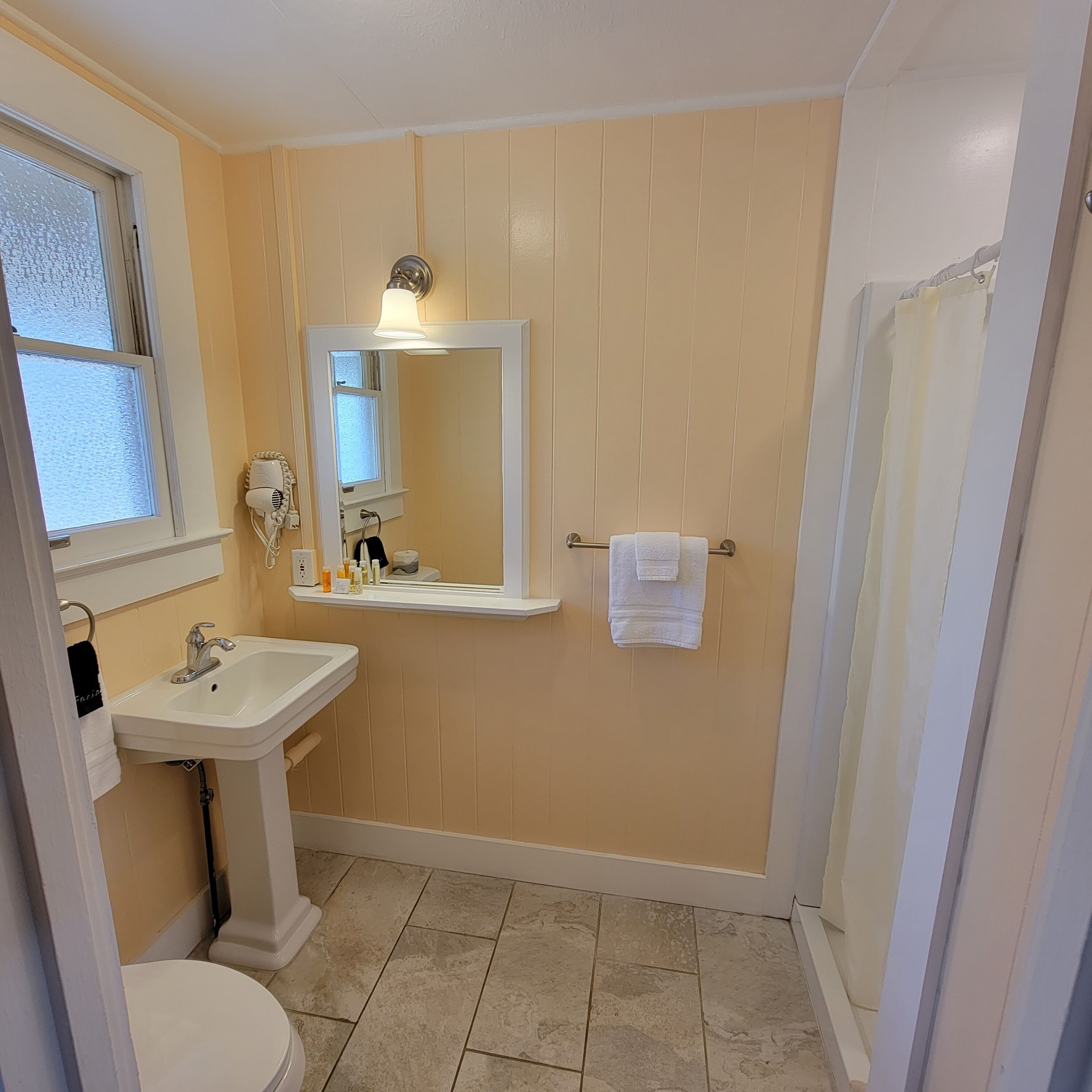 shower, free toiletries, hair dryer, towels