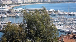 Un puerto deportivo con numerosas embarcaciones amarradas, una playa al fondo y edificios a lo largo de la costa.