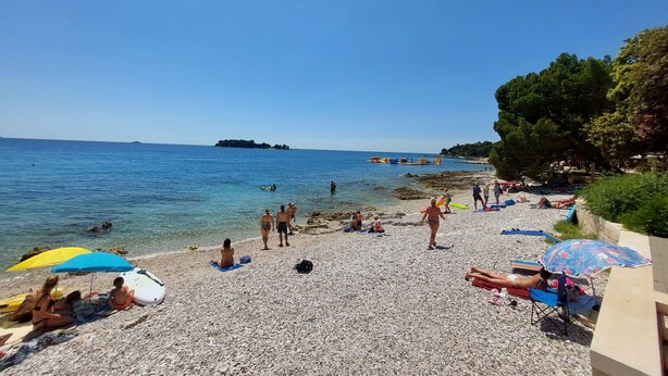 A pebbled beach with people sunbathing, swimming, and walking.